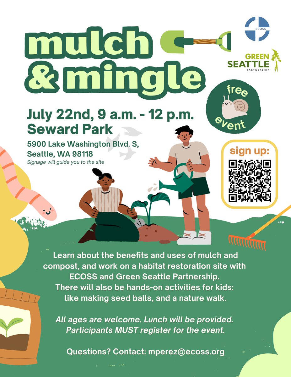 🐛Do you identify as an immigrant, refugee, or member of a BIPOC community? Come learn about the benefits and uses of compost and mulch and work on a habitat restoration site with ECOSS! 
Register here: seattle.greencitypartnerships.org/event/37522/