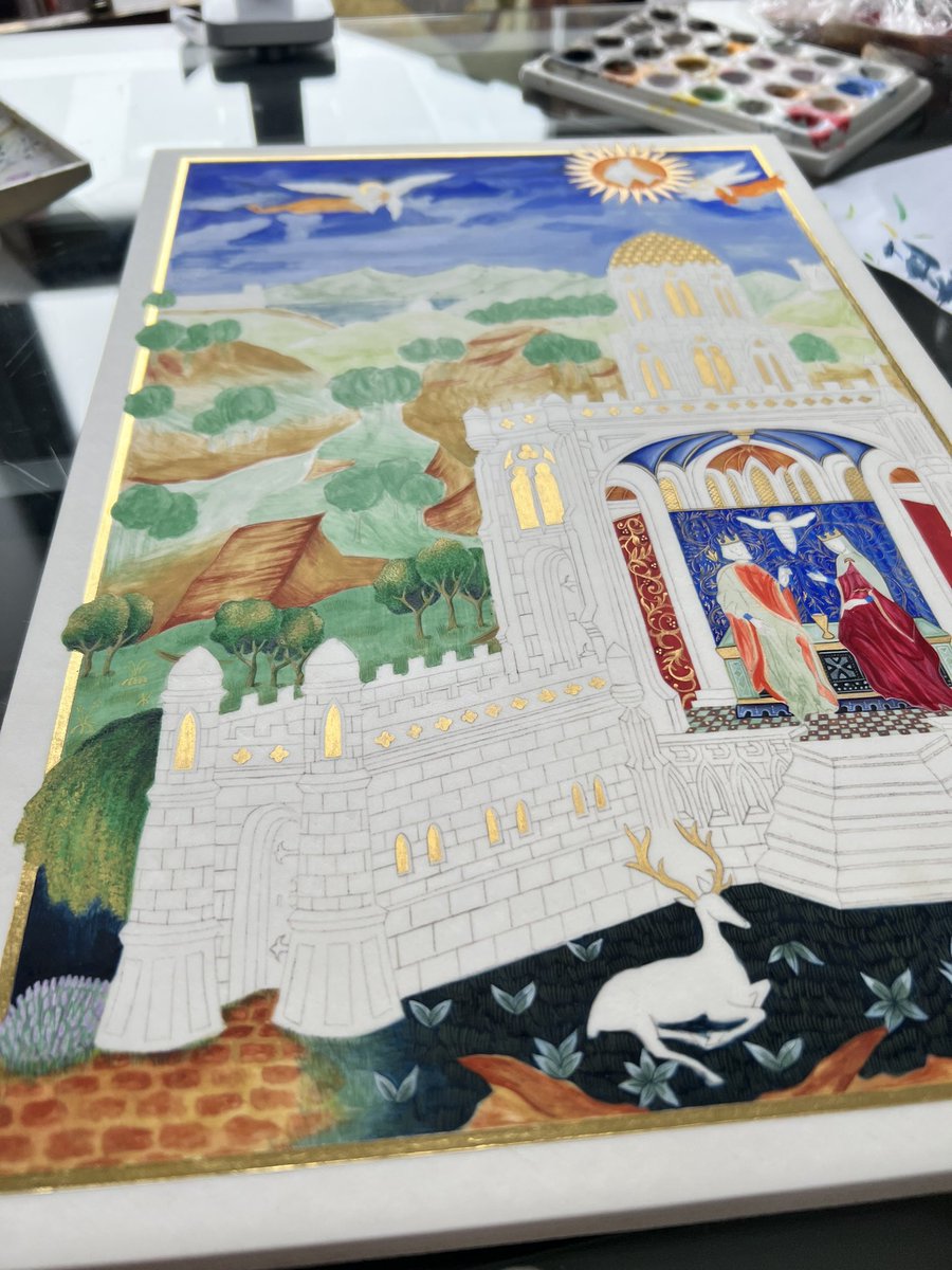 This Commission is coming along nicely!It’s always so lovely to see the colours forming and you can almost see the finished painting. Carefully building the colours with tiny strokes. 

#art #ArtistOnTwitter #illuminatedmanuscript #medieval #ancient #tradition