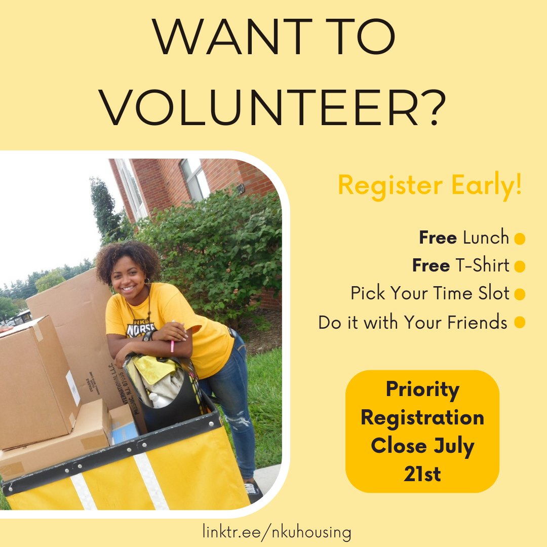Move-in day 2023 is fast approaching and University Housing is looking for energetic and enthusiastic faculty and staff volunteers to meet and welcome our new students! 📷

Priority Registration closes July 21st, so be sure to fill out the form in our bio.

#nkuhousing #nkuh