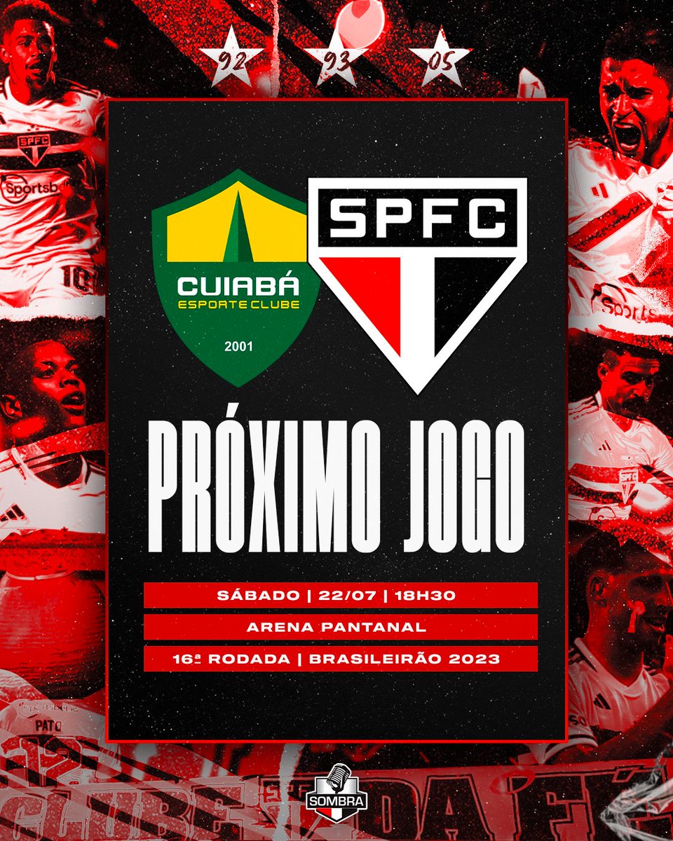 PRÓXIMO JOGO 🇾🇪

O Tricolor volta a campo neste sábado pela décima sexta rodada do Brasileirão 2023. O São Paulo vai encarar o Cuiabá, no jogo que antecede a primeira partida da semifinal da Copa do Brasil.

Para este jogo do final de semana, você é a favor de ir com força máxima