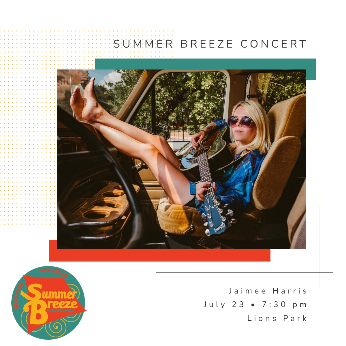 Summer Breeze Concert Sunday! Hear @jaimeeharris the Texas-born Americana singer/songwriter NPR calls “the Next Queen of Americana-Folk”. 7:30p Sunday in Lions Park. All Summer Breeze Concerts are free. Bring your own seating and snacks. #NormanOK #livemusic