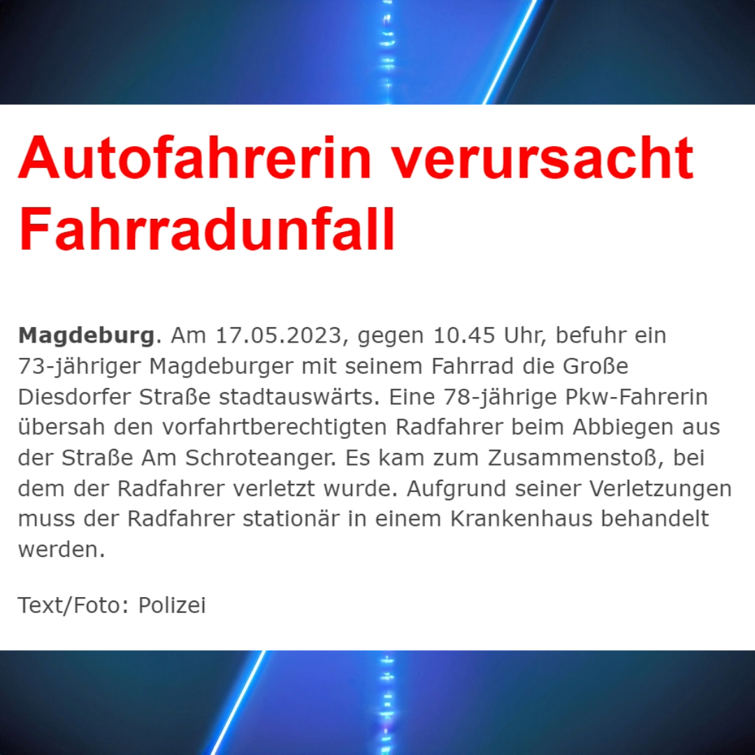 Auto fährt gegen Fahrrad: Fahrradunfall
Auto fährt gegen Zug: Zugunglück
Auto fährt gegen Schulkind: Schulwegunfall
Auto fährt gegen Baum: Baumunfall
Auto fährt gegen Auto: Unfall

Nur eines darf es im Autoland nicht sein: Ein Autounfall.

(Polizeibericht: Polizei Magdeburg)