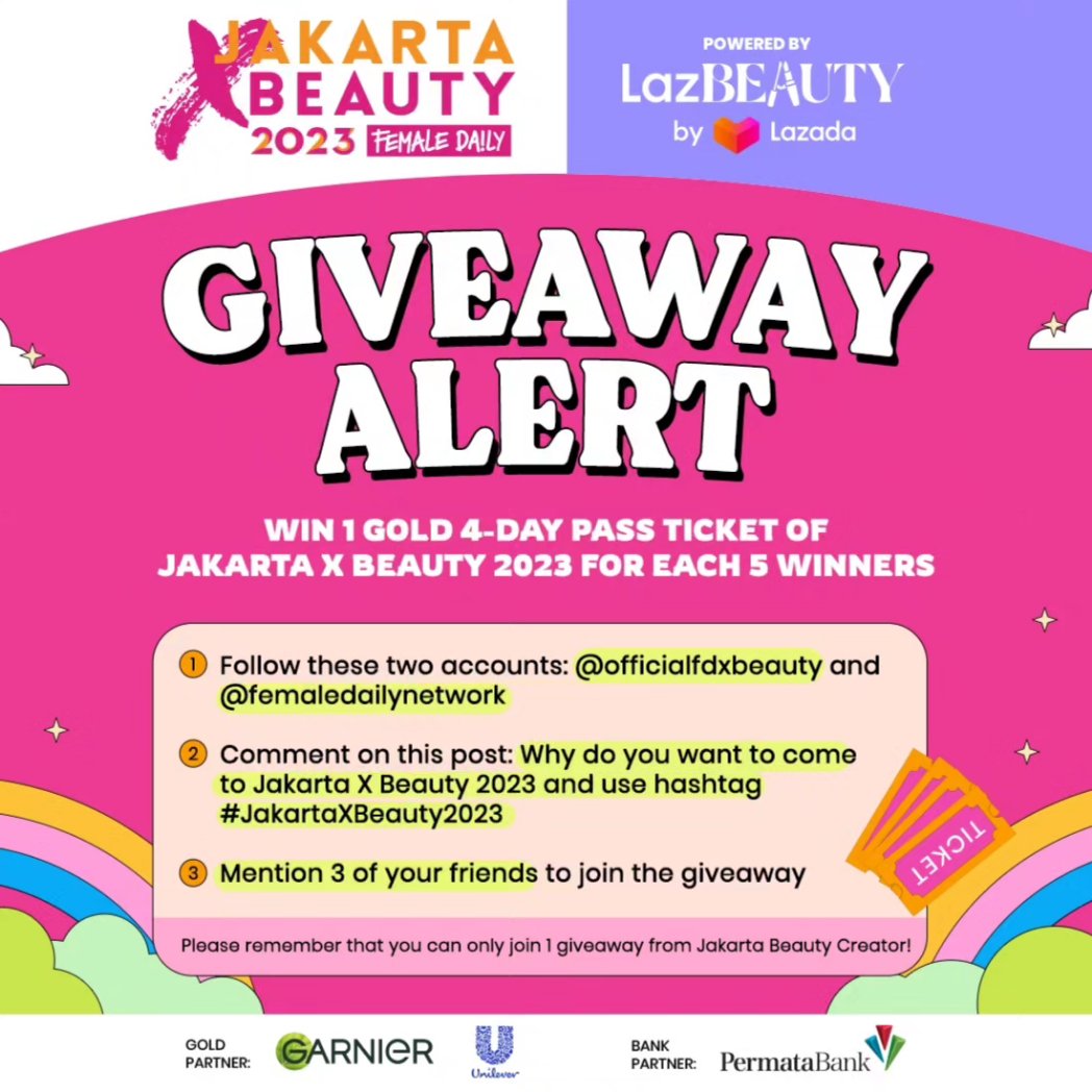 ikkarusyani's tweet photo. Guys, yang mau dateng ke Jakarta X Beauty 3-6 Agustus 2023 besok di JCC, Jakarta Pusat,
aku ada Giveaway, get free 1 Gold 4 day pass ticket masuk untuk 5 orang pemenang😻

Giveaway berlangsung sampe tanggal 23 Juli 2023

Ikutan ya!

https://t.co/KWTkAdLw0Z https://t.co/2vjSjbw0xT
