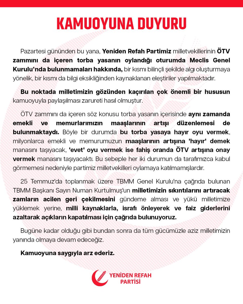 rprefahpartisi's tweet photo. Kamuoyuna saygıyla duyurulur. https://t.co/hlzYxszS2n
