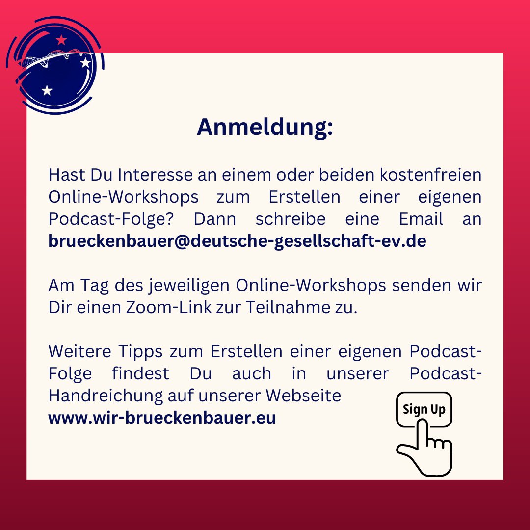 DtGesellschaft's tweet photo. Lerne, Deine eigene Podcast-Folge zu kreieren 💪. Wir veranstalten am 24.7. &amp; 27.7. kostenfreie Online-Workshops mit Ira Peter im Rahmen unseres #PodcastWettbewerbs. Anmeldung 👉 brueckenbauer@deutsche-gesellschaft-ev.de👉 Förderer: @bmi_bund https://t.co/8LjU6sZ1OQ