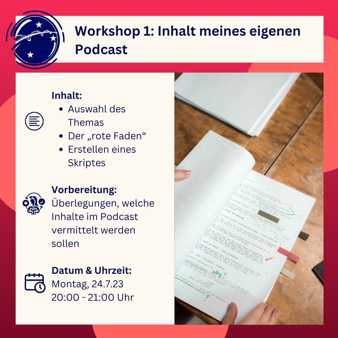 DtGesellschaft's tweet photo. Lerne, Deine eigene Podcast-Folge zu kreieren 💪. Wir veranstalten am 24.7. &amp; 27.7. kostenfreie Online-Workshops mit Ira Peter im Rahmen unseres #PodcastWettbewerbs. Anmeldung 👉 brueckenbauer@deutsche-gesellschaft-ev.de👉 Förderer: @bmi_bund https://t.co/8LjU6sZ1OQ