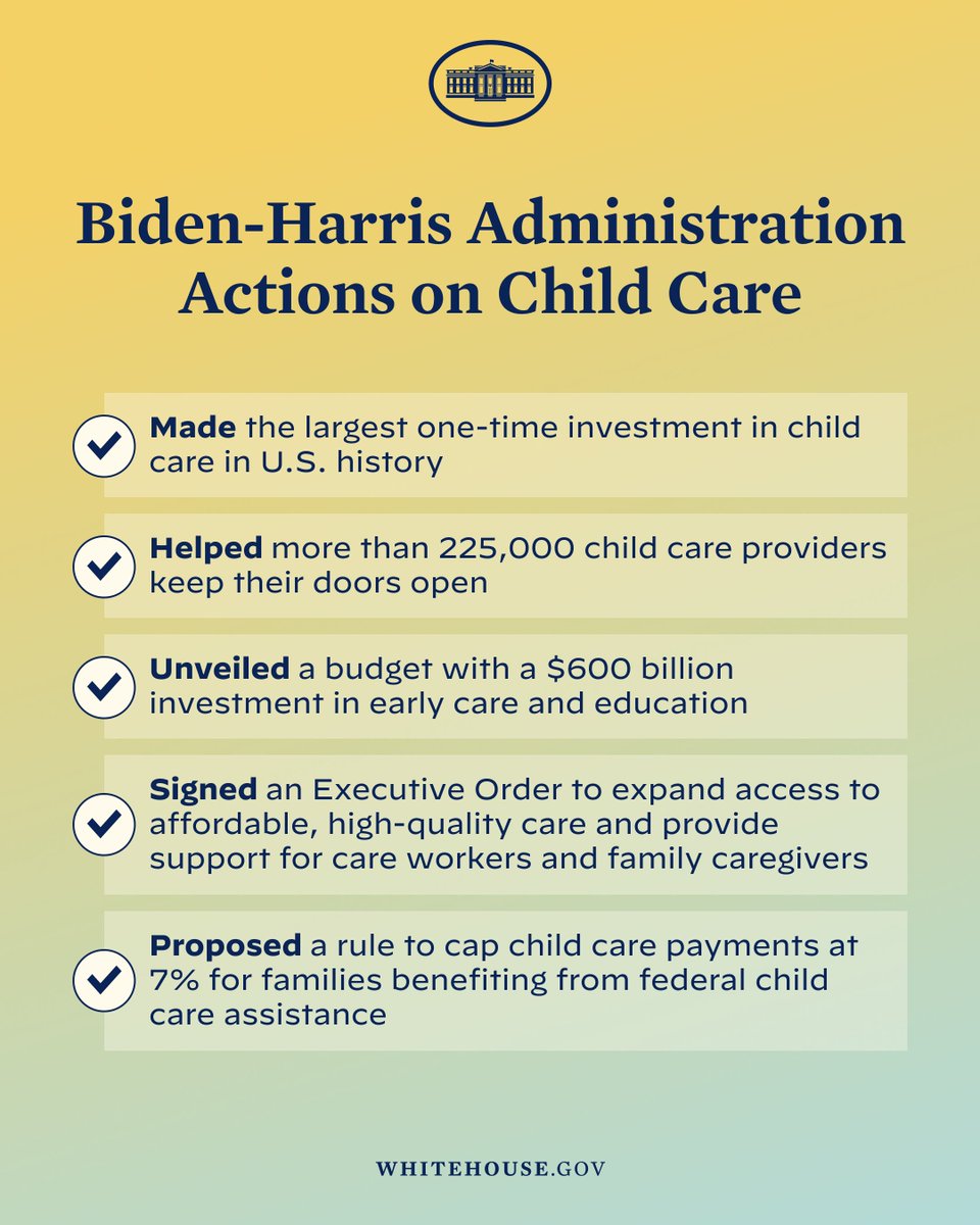 WhiteHouse46's tweet photo. Expanding access to affordable, high-quality child care is a top priority for @POTUS and @VP.

Here’s what action this Administration has taken so far. https://t.co/fAsiIbuQ1v