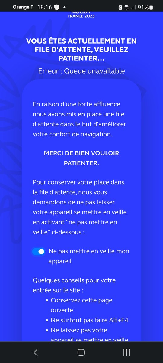 JulienMathieu10's tweet photo. @France2023 10 min pour entrer dans la queue, c'est genre "une pré queue"? Puis après erreur, déconnexion intempestive, donc faut tout recommencer. C'est vraiment une mascarade ce système.
#france2023
#cdm2023 https://t.co/uRkmJpjYPc