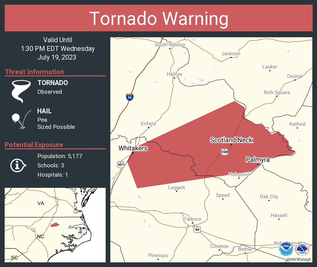 RT @NWStornado: Tornado Warning continues for Scotland Neck NC, Whitakers NC and  Palmyra NC until 1:30 PM EDT https://t.co/XatjnMQusO