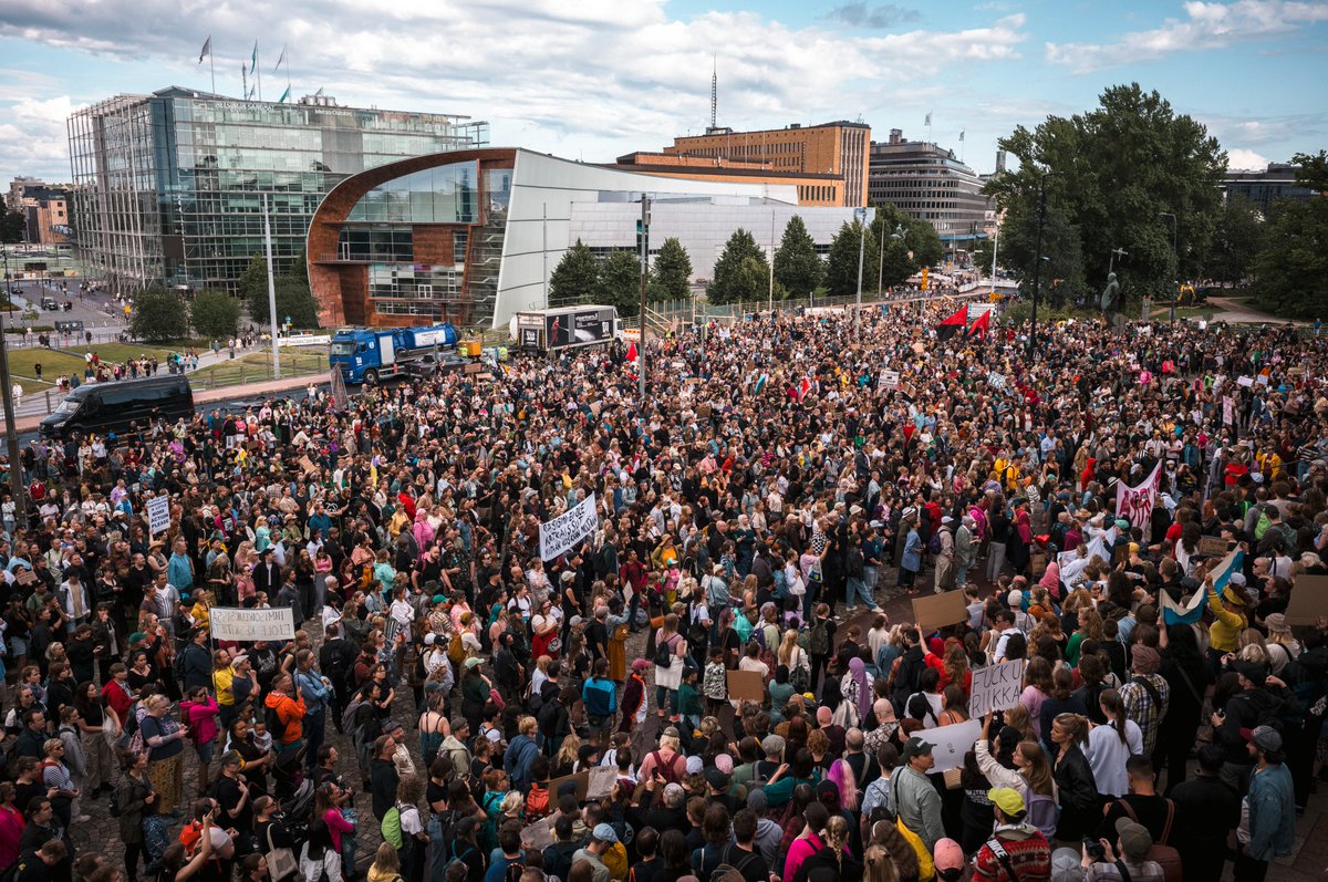 Thousands rally in Helsinki, Finland, demanding 'Racists out of Government' and the resignation of Finance Minister Riikka Purra, whose resurfaced racist writings have caused headlines around the world. A recent survey reveals 47% of Finns believe Purra should step down.