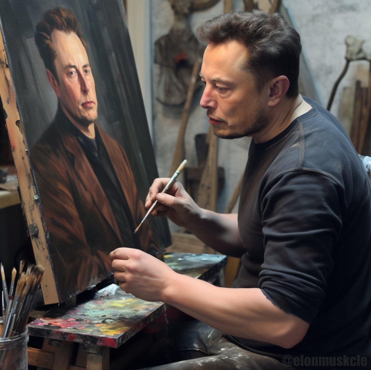 elonmuskcle's tweet image. Elon Musk painting a self-portrait.