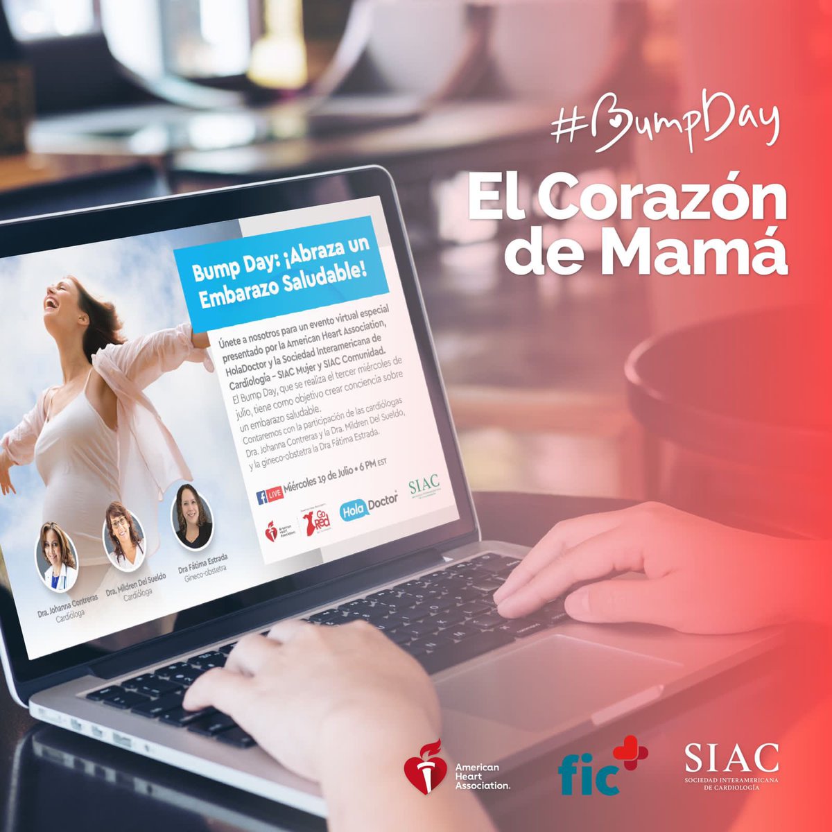 ⏰ Hoy 19hrs Únete al evento virtual presentado por la Sociedad Interamericana de Cardiología. Con la participación de la Dra. Johanna Contreras, cardióloga, Dra. Fatima Estrada, gineco-obstetra y Dra. Mildren Del Sueldo, cardióloga, para charlar sobre el #BumpDay!