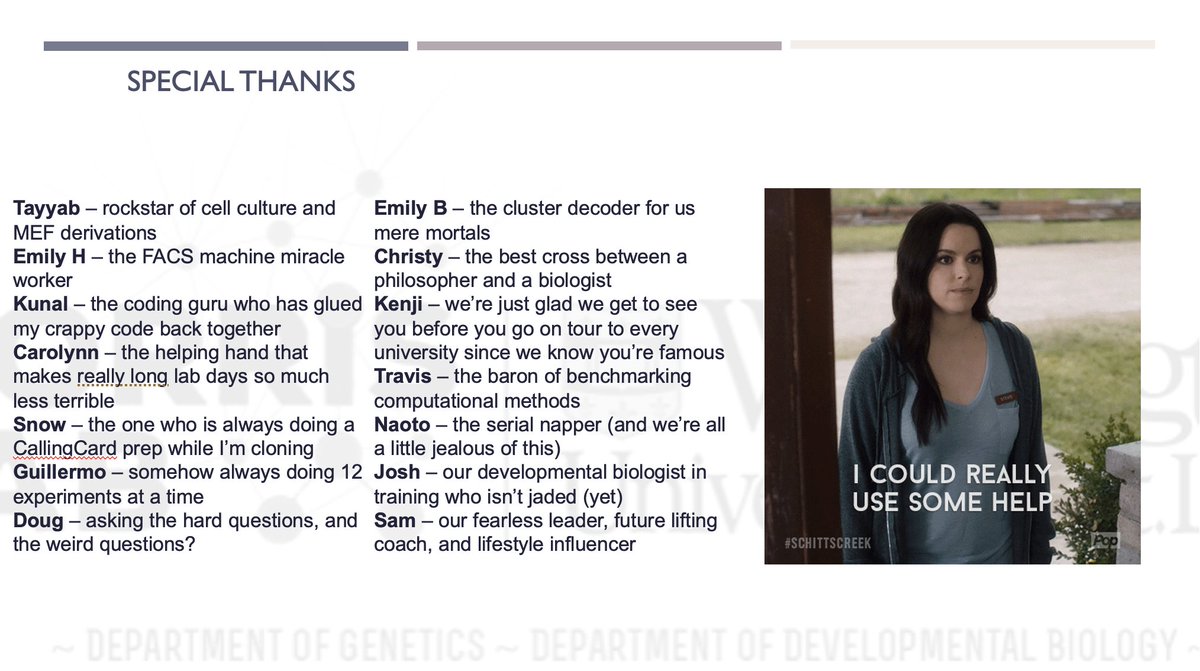 I gave lab meeting today, and was prompted by @morris_lab to share my acknowledgements slide - thank you all for all you do to make the lab a wonderful, supportive place!