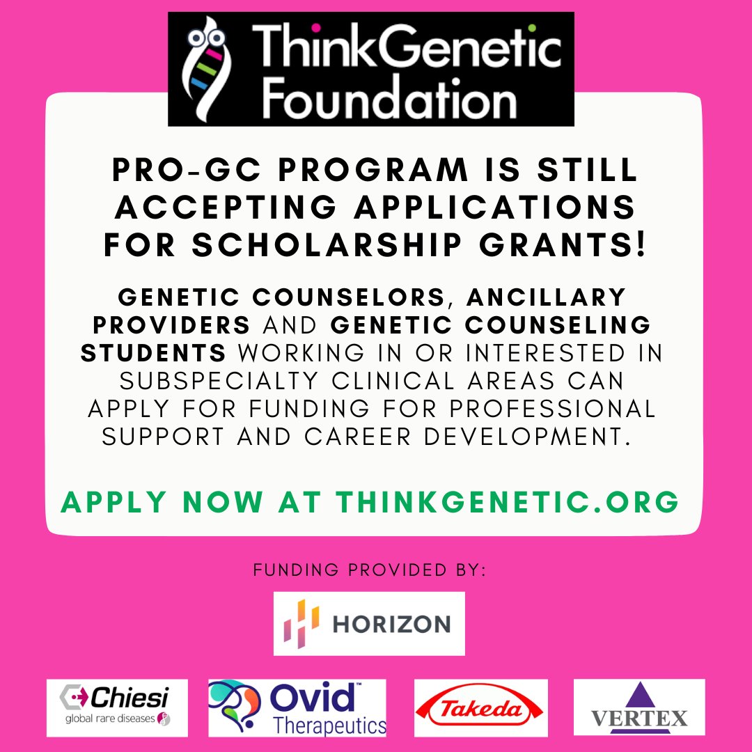 There is still time to apply for funding in 2023! Apply now at thinkgenetic.org! 
#GeneChat #scholarships #GeneticCounselors #metabolicdietitians #geneticcounselingstudents #ProGC #TGF #horizontherapeutics #chiesiusa #takedapharmaceutical #vertexpharmaceuticals