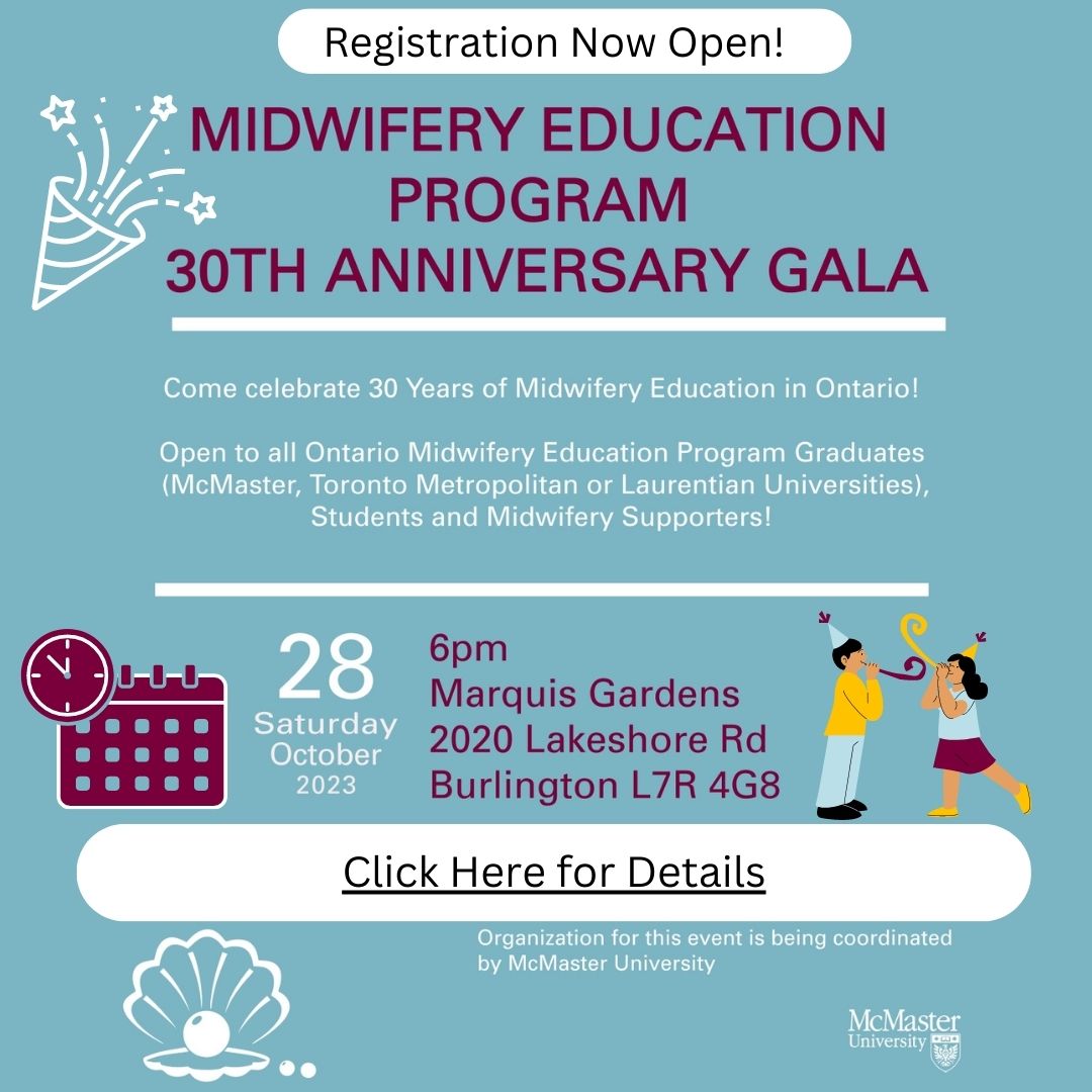 We are thrilled to announce that registration for the Midwifery Education 30th Anniversary Social and Dinner is now open!

The event will be held on Saturday October 28, 2023 at Marquis Gardens at Waterfront Hotel, Burlington. 

buff.ly/43yq5da 

#OntarioMidwifery