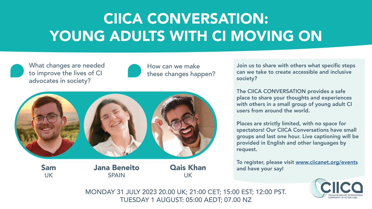 Calling all young adults with CI! Join us for another upcoming CIICA conversation, where we'll be discussing the changes needed to improve the lives of cochlear implant advocates in society. Your voice matters, and we want to hear from you! To register - us02web.zoom.us/meeting/regist…