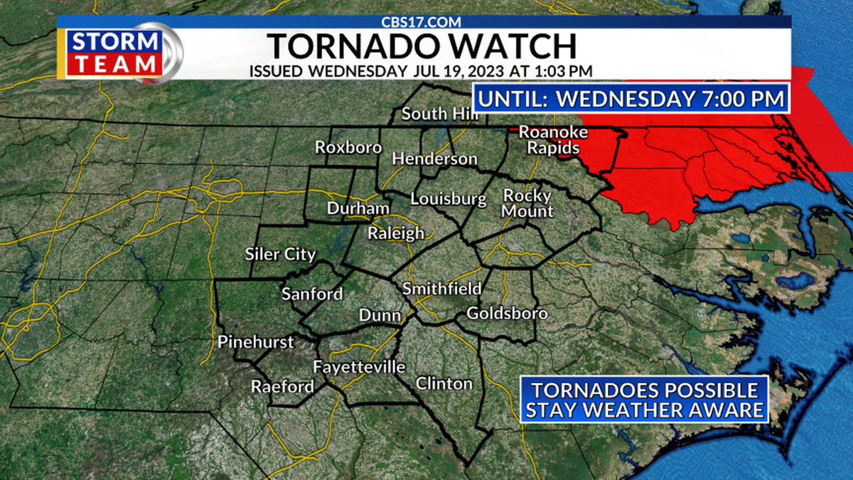 A TORNADO WATCH is now in effect for parts of central NC. Tornadoes are now possible across central NC, please stay weather aware.