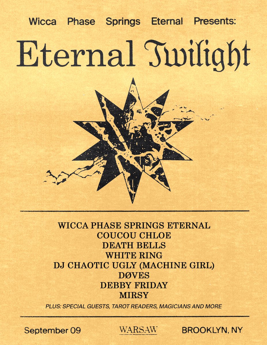 september 9, 2023 brooklyn warsaw wicca phase springs eternal coucou chloe death bells white ring dj chaotic ugly døves debby friday mirsy tickets: tix.to/etnyc