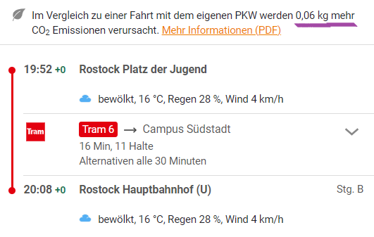Neue Features der Verbindungsauskunft des VVW:
▶️ Man erfährt, wie das Wetter ein paar Straßen weiter ist.
▶️ Man erfährt, dass man besser Auto fahren sollte.