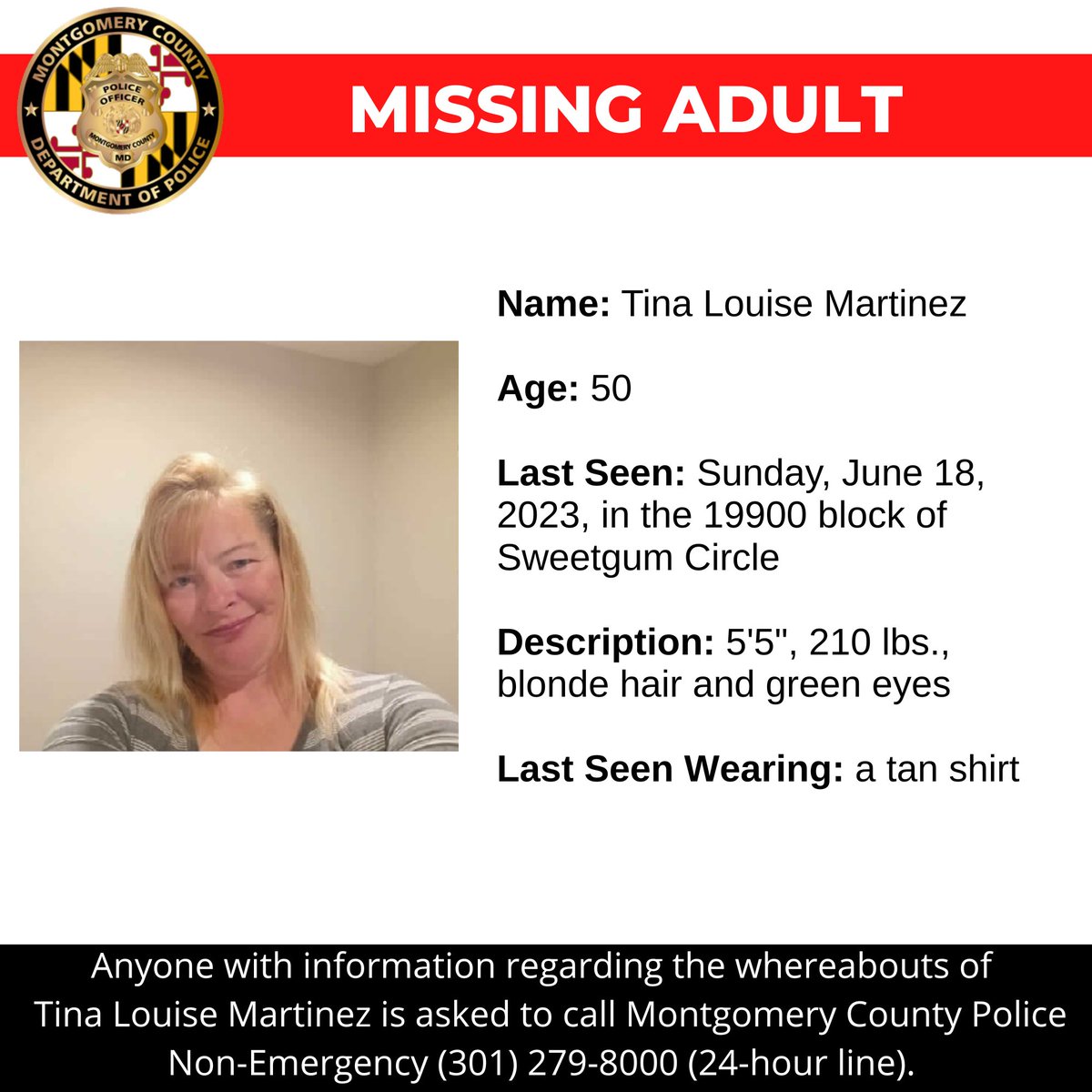 mcpnews's tweet photo. Concern for Missing Fifty-Year-Old Woman

Detectives from the MCPD – 5th District Investigative Section are asking for the public’s assistance in locating Tina Louise Martinez, a missing 50-year-old.

https://t.co/4PYMzndeJs...

#mcpnews #missingperson https://t.co/lGXGr6VDmF