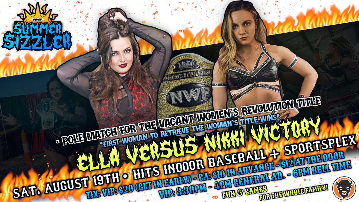 On 8/19 at #SummerSizzler, one of these women, @screamqueenella or @NikkiVictory_, will be making history as they compete for the vacant Women's Title to become the first ever 2-time Women's Revolution Champion! 🎟: nwfwrestling.com/events 🚪(VIP): 3:30 pm 🚪(GA): 4 pm 🔔: 6 pm