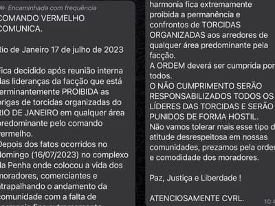 futebol_info's tweet photo. Comando Vermelho emite comunicado proibindo brigas de torcidas organizadas do Rio de Janeiro em qualquer área de atuação da facção, sob risco de punição.

O texto teria sido elaborado por determinação de um dos chefes do bando.

🗞 @bandnewsfmrio
📸 Reprodução/Band https://t.co/6xNcZIzO8y