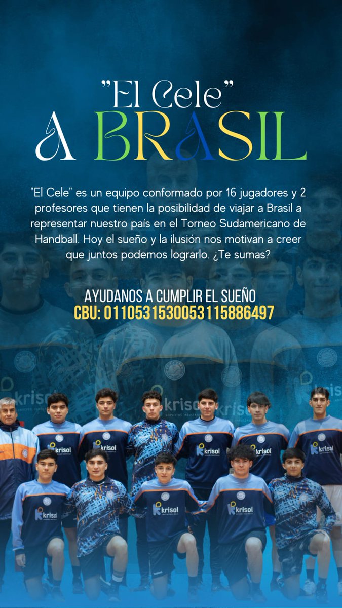 "El cele" a Brasil 🤾🏽‍♂️✈️🇧🇷

El cele es un equipo de handball conformado por 16 jugadores y 2 profesores que tienen la posibilidad de viajar a Brasil donde serán el único equipo argentino que  representará nuestro país en el Torneo Sudamericano de Handball.