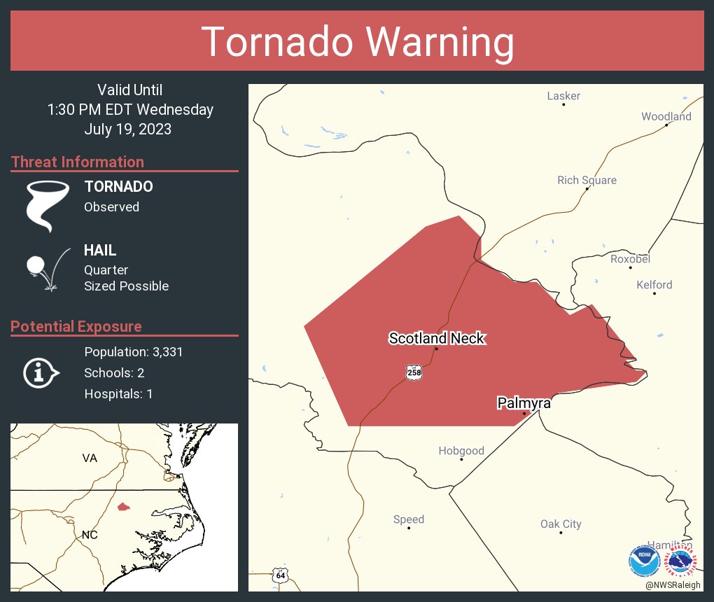 RT @NWStornado: Tornado Warning continues for Scotland Neck NC and  Palmyra NC until 1:30 PM EDT https://t.co/dapRB5y76F