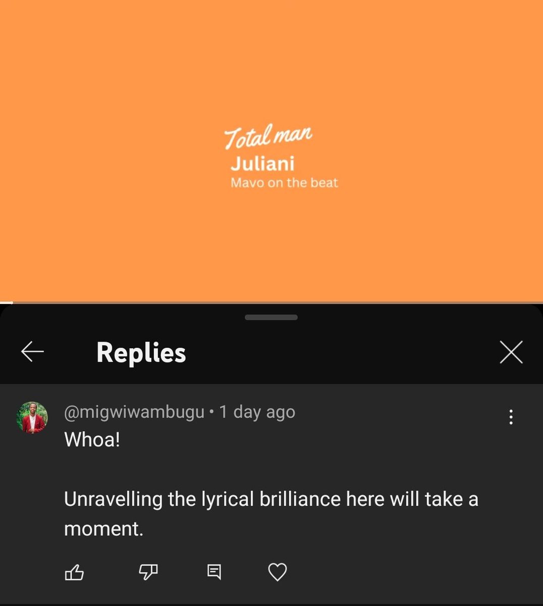 JulianiKenya's tweet photo. What's your first impression when you first heard the song Totalman.? 

Feel free to comment on YouTube.

I'll post some hapa! 

#YTcomments https://t.co/pMh8u21sIo