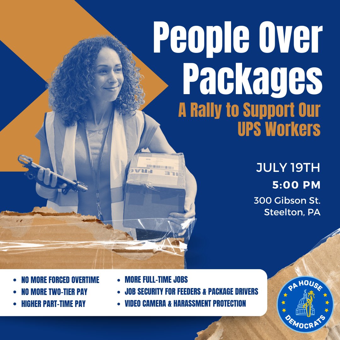 PaHouseDems's tweet photo. The first of three #PeopleOverPackages rallies is TONIGHT with @RepMadsen and @Teamsters Local 776 at USW 1688 in Steelton.
Join us in supporting our #UPSworkers fighting for safer workplaces and fair wages!
#UnionStrong https://t.co/RYX2iKsjmF