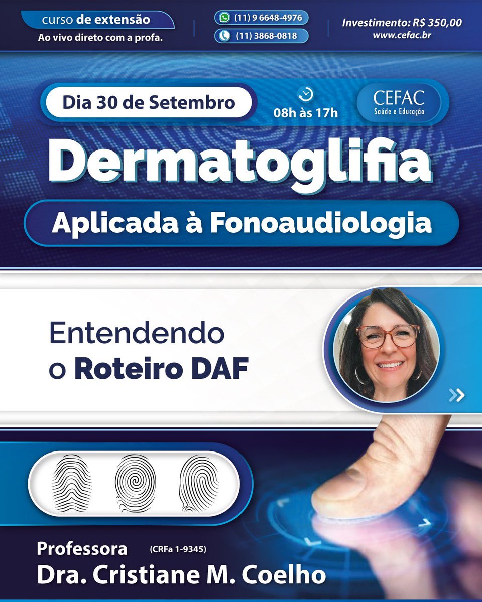 cefacsaopaulo's tweet photo. Dermatoglifia Aplicada à Fonoaudiologia – Entendendo O Roteiro DAF

Curso de Extensão - Online Ao vivo

Mais informações ou inscrições, acesse: https://t.co/Ym2oqGwkuU

#Fonoaudiologia #Demartoglifia #RoteiroDAF https://t.co/Jf437DvcXw