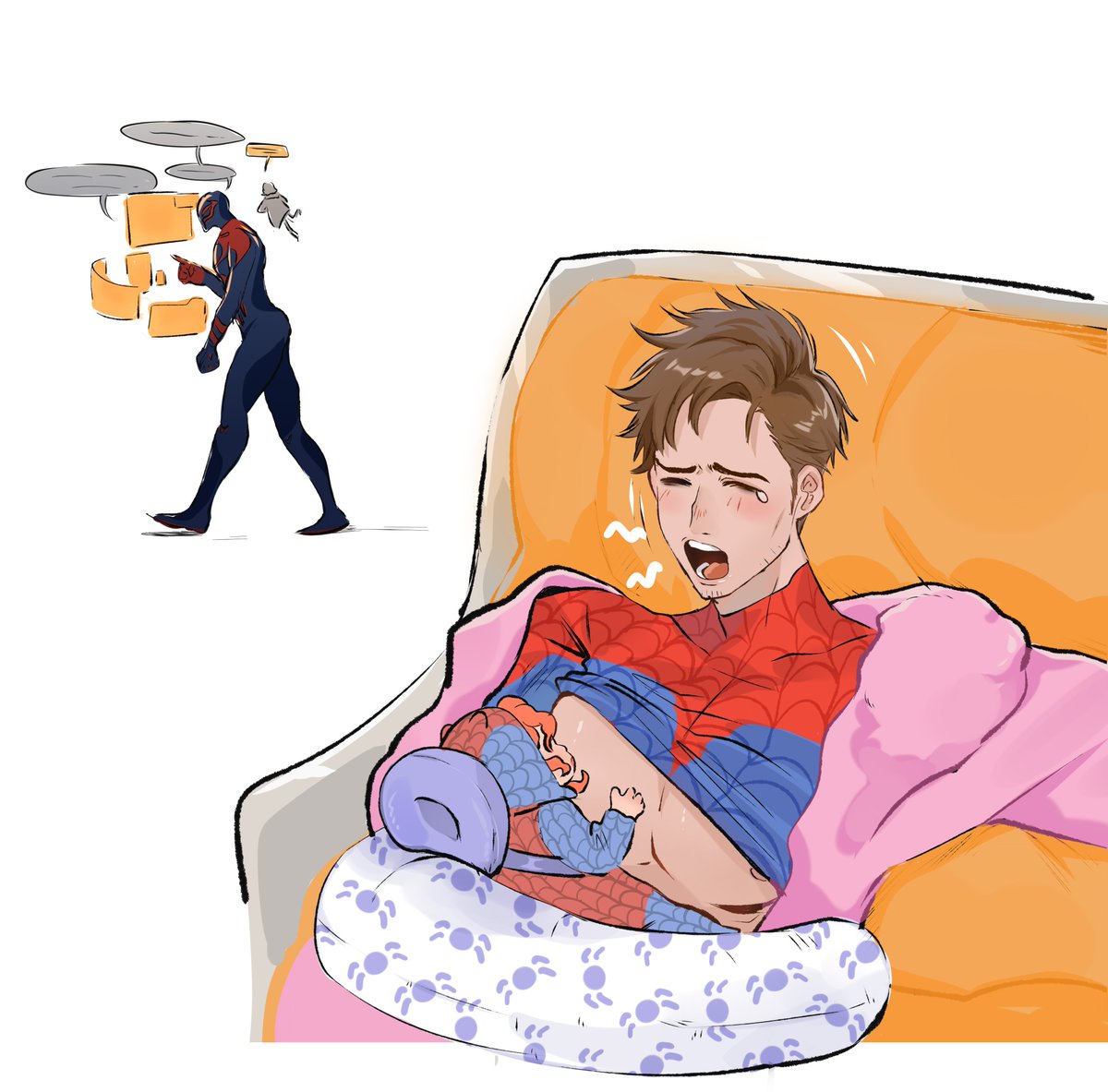rdLur's tweet photo. #spiderdads omega peter fedding his pup fell sleep  and alpha miguel saw it. https://t.co/SYzrIWkerm