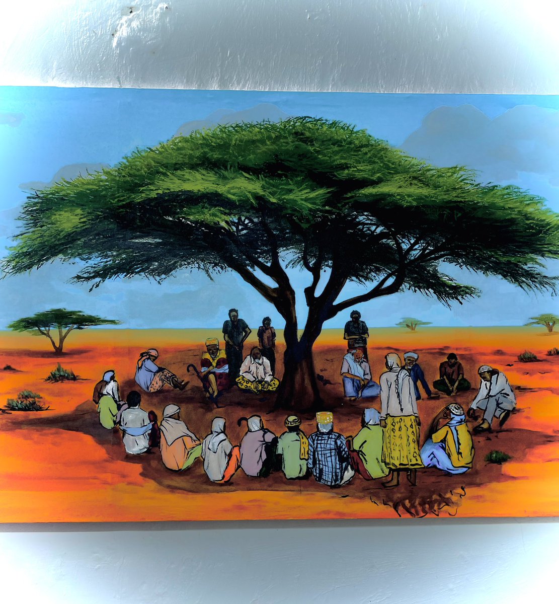 Sana_Artist's tweet photo. Hello, Wonderful People. This is the Famous Somali Qurac Tree. When an incident occurs, elders gather under a tree to discuss the problem and attempt to come to a non-violent resolution. #somaliart #Xeer #quractree #somalielders #acrylicpainting https://t.co/wXZequNfJB