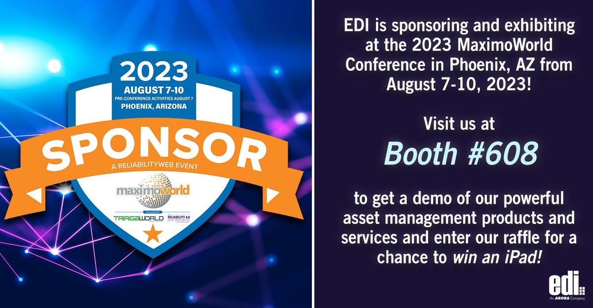 EDI_Arora's tweet image. Will you be attending the 2023 @MaximoWorld Conference in Phoenix, AZ? Comment below ⬇! edatai.com/edi-at-maximow…

#MaximoWorld2023 #Phoenix #Maximo #Conference #Exhibit #Sponsor #AroraATLAS #AroraEngineers #ATG #Demo #Mobile #eSAM