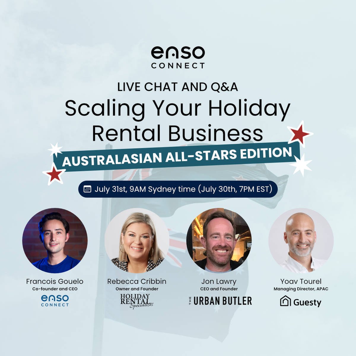 Calling all #HolidayRental pros in #Australia & #NewZealand looking to scale up🚀

Join us for a live chat and Q&A with top #HospitalityLeaders in the #STR #Australasian market. 

Register to get tips on growth, tackling challenges, leveraging tech, etc: hubs.ly/Q01YdC-90