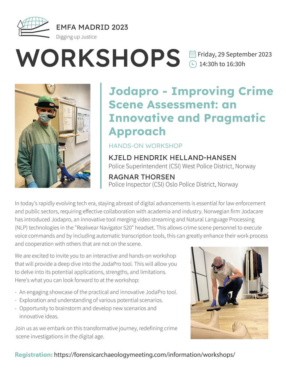 EMFA Madrid 2023 (@emfamadrid2023) on Twitter photo We present to you the first of the EMFA Madrid 2023 workshops, organised by Kjeld Helland-Hansen and Ragnar Thorsen, from the Norwegian Police.
Registration will start tomorrow, Thursday 20th July at 9:00.
More info: forensicarchaeologymeeting.com/informa.../wor…
<a href="/INTCFjusticia/">Instituto Nac. de Toxicología y Ciencias Forenses</a> #forensicarchaeology We present to you the first of the EMFA Madrid 2023 workshops, organised by Kjeld Helland-Hansen and Ragnar Thorsen, from the Norwegian Police.
Registration will start tomorrow, Thursday 20th July at 9:00.
More info: forensicarchaeologymeeting.com/informa.../wor…
<a href="/INTCFjusticia/">Instituto Nac. de Toxicología y Ciencias Forenses</a> #forensicarchaeology