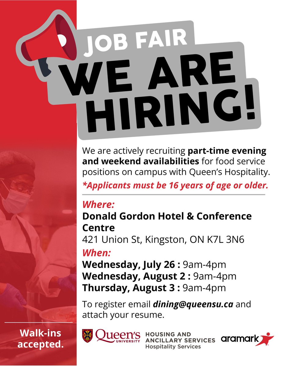 Queen’s Hospitality is hiring! To register please email dining@queensu.ca