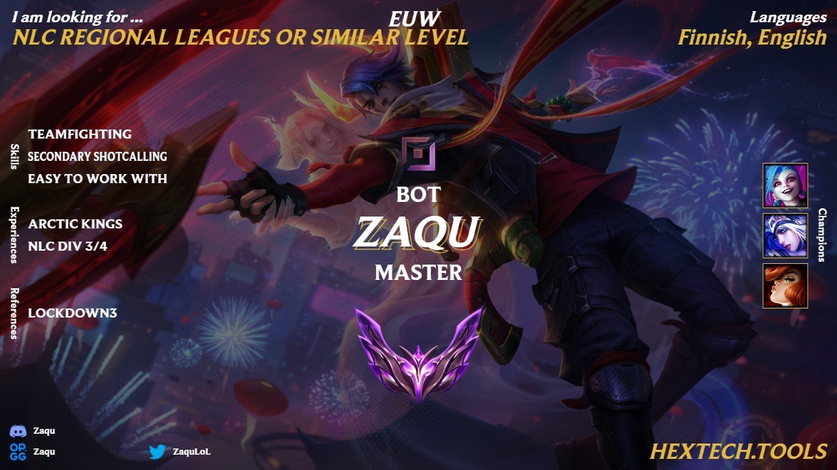 Open to all offers but preferring NLC regional leagues

Reference
<a href="/LDown3/">Lockdown</a> 

@lolfadiscord 
<a href="/LoL_LFT/">LoL Looking For Team 🇮🇹 🇪🇺</a> 
<a href="/lft_prime/">Prime League LFT</a>