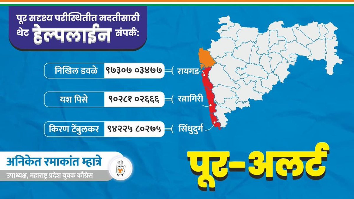MeSiddheshRane's tweet photo. युवक काँग्रेसचा एक हात मदतीचा!
सध्या कोकणात पूर सदृश्य परिस्थिती पाहता युवक काँग्रेसतर्फे रायगड, रत्नागिरी व सिंधुदुर्ग जिल्ह्यासाठी हेल्पलाईन चालू करण्यात आली आहे ह्याची नागरिकांनी नोंद घ्यावी.
#SOSMPYC #FloodAlert #Kokan #YouthCongress https://t.co/ACcyuxAHNB