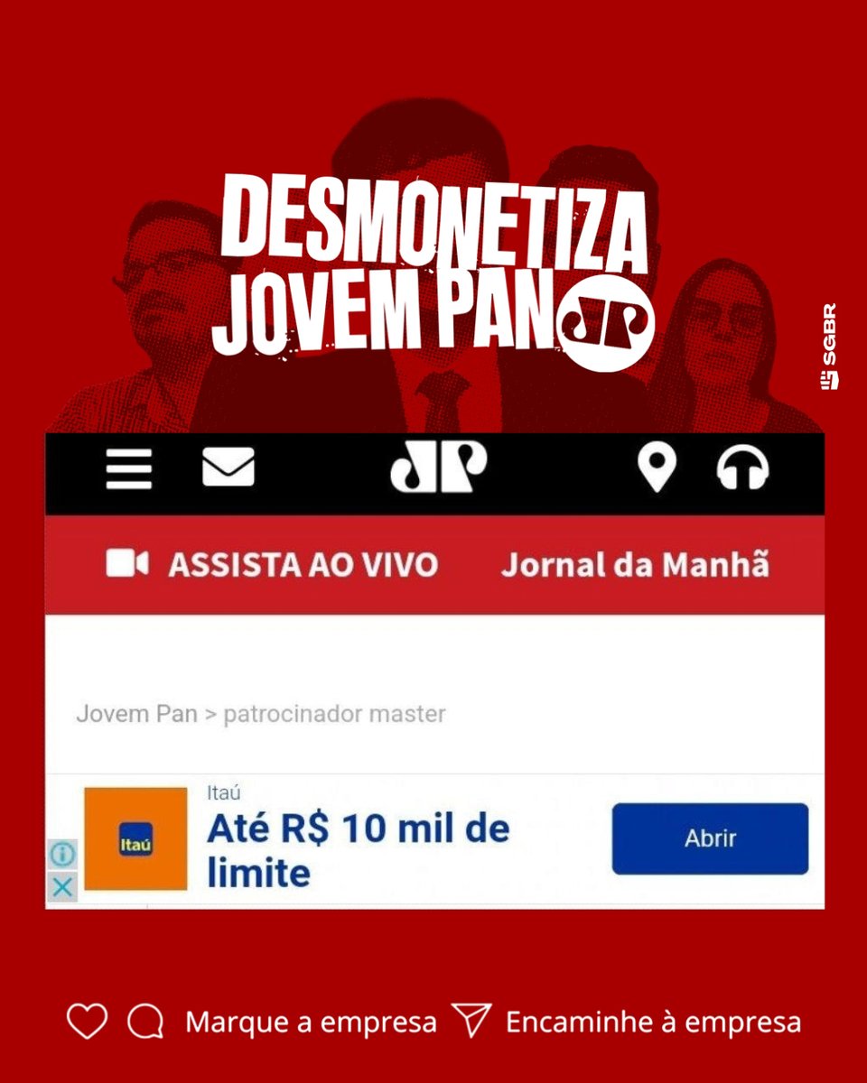 🏦 Olá @Itau, tudo bem? Acreditamos que vocês não compactuam com ataques à democracia e nem fake news, mas infelizmente encontramos seu anúncio via google no site da Jovem Pan, uma rádio que propaga ódio e ataques às instituições democráticas. Pfv, #DesmonetizaJovemPan! ✊🏽