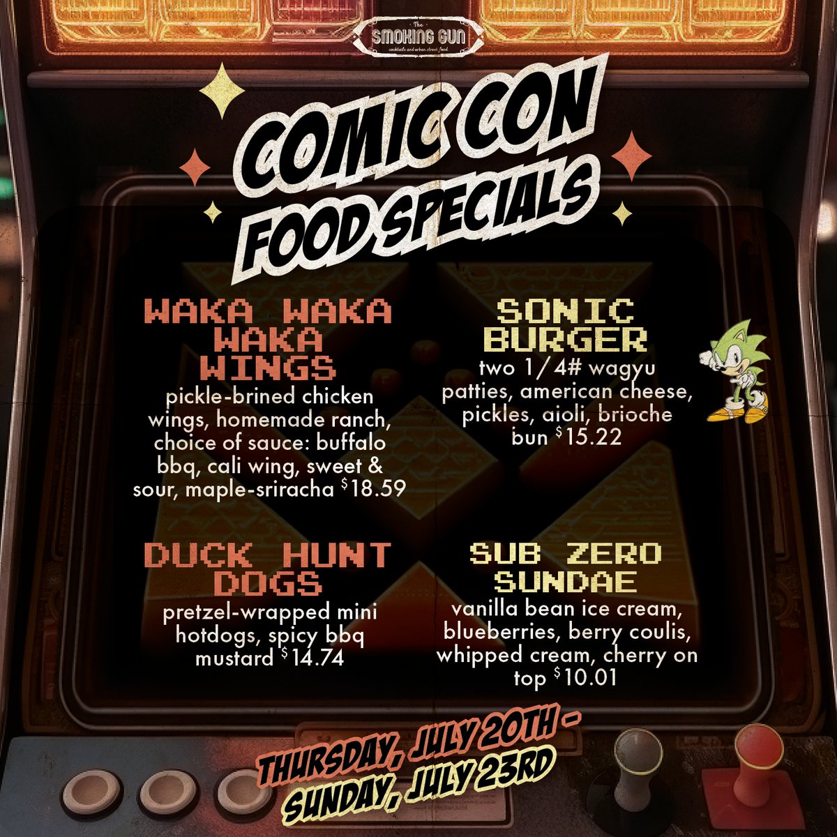 thesmokinggunsd's tweet photo. *inserts coin* 
Up-Up-Down-Down-Left-Right-Left-Right-B-A

Looking for a spot to get in touch with your vintage arcade vibes? The Smoking Gun is THE place spot for you during Comic-Con! 

*GAME OVER* https://t.co/pM5jjbPLHg