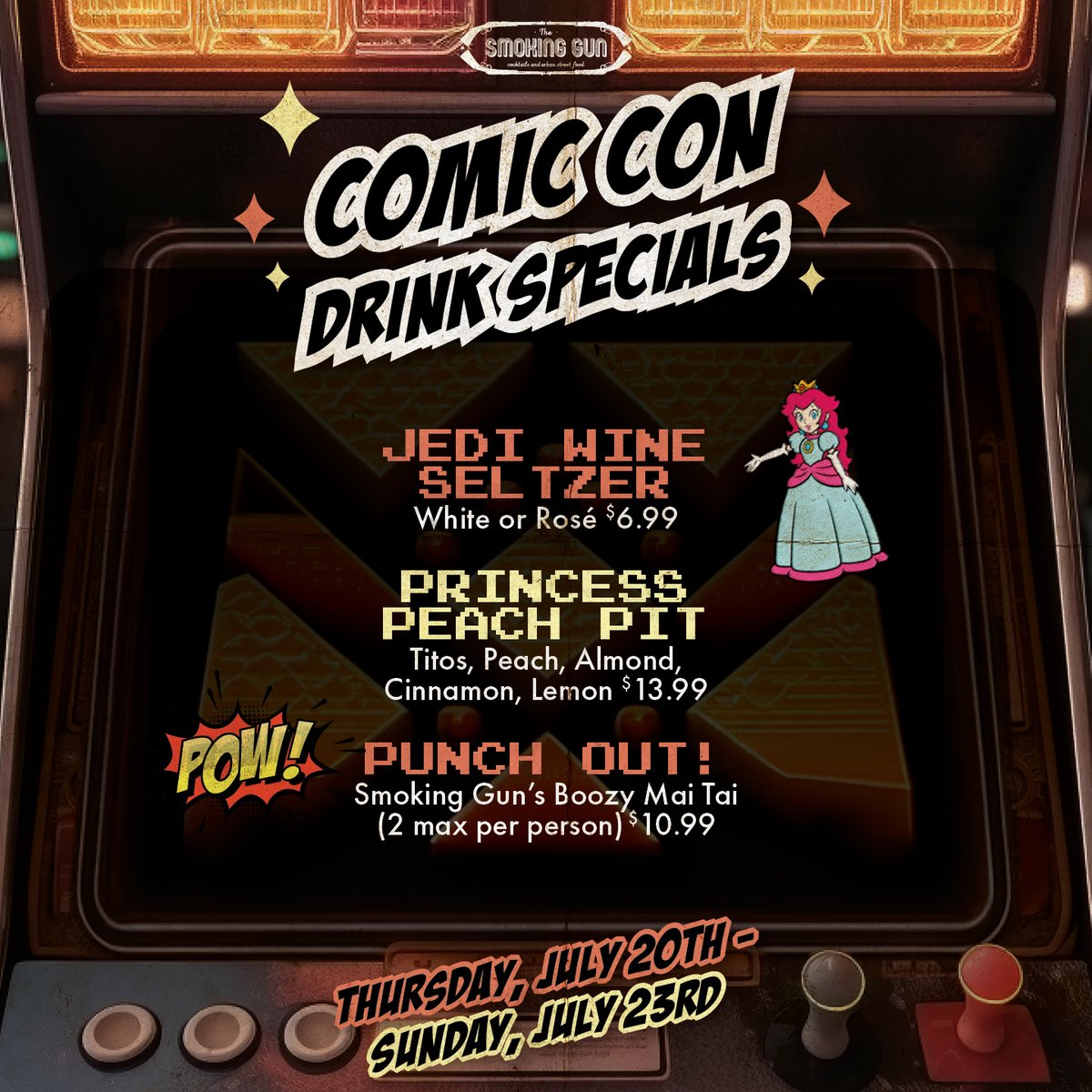 thesmokinggunsd's tweet photo. *inserts coin* 
Up-Up-Down-Down-Left-Right-Left-Right-B-A

Looking for a spot to get in touch with your vintage arcade vibes? The Smoking Gun is THE place spot for you during Comic-Con! 

*GAME OVER* https://t.co/pM5jjbPLHg