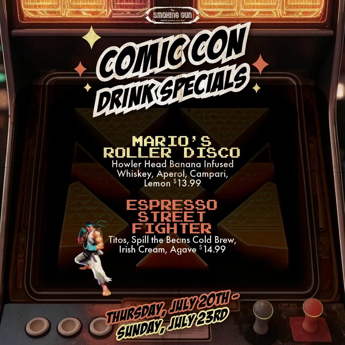 thesmokinggunsd's tweet photo. *inserts coin* 
Up-Up-Down-Down-Left-Right-Left-Right-B-A

Looking for a spot to get in touch with your vintage arcade vibes? The Smoking Gun is THE place spot for you during Comic-Con! 

*GAME OVER* https://t.co/pM5jjbPLHg