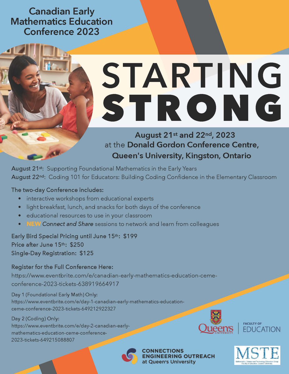 Spaces for the Canadian Early Mathematics Education (CEME) Conference in Kingston, ON are filling up! Registration is open until the end of July. Reserve your space at eventbrite.ca/e/canadian-ear…