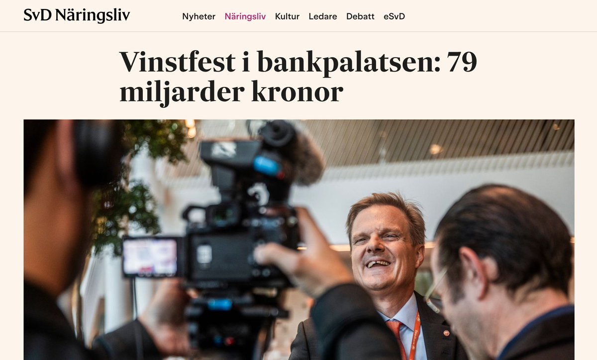 Nordea, SEB, Swedbank och Handelsbanken. De plockar just nu ut enorma vinster på sammanlagt 79 miljarder kronor. Kul när det går bra!

Samtidigt betalar alltså vi kunder allt högre ränta på våra lån. Det är det som är deras vinst. "Vad är en rimlig lönsamhet?" frågar sig SEB:s vd
