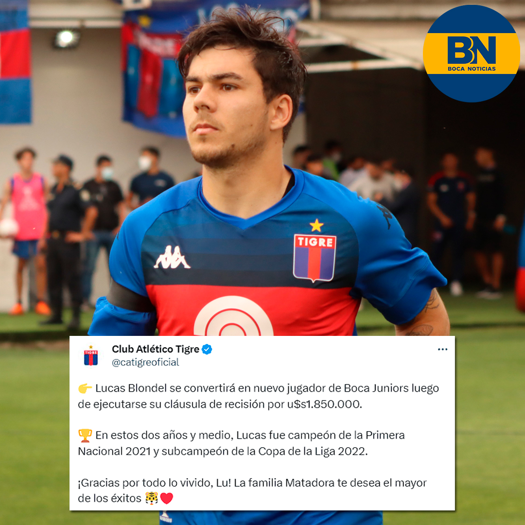 🔥 TEMA #BLONDEL: TIGRE OFICIALIZÓ SU LLEGADA A #BOCA ✅ La cuenta oficial del Matador confirmó con este comunicado la llegada de Lucas Blondel al Xeneize por el monto de USD 1.850.000.