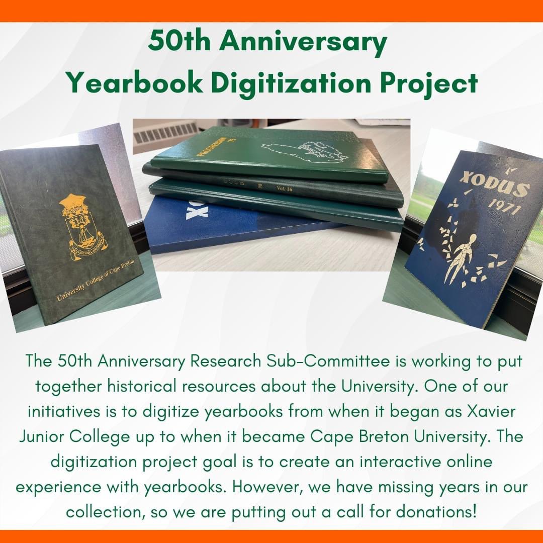 CBU_library's tweet photo. The 50th Anniversary Research Sub-Committee @cbuniversity is working to put together historical resources about the University. One of our initiatives is to digitize yearbooks. However, we have missing years in our collection, so we are putting out a call for donations! https://t.co/V5T6Y6cANz