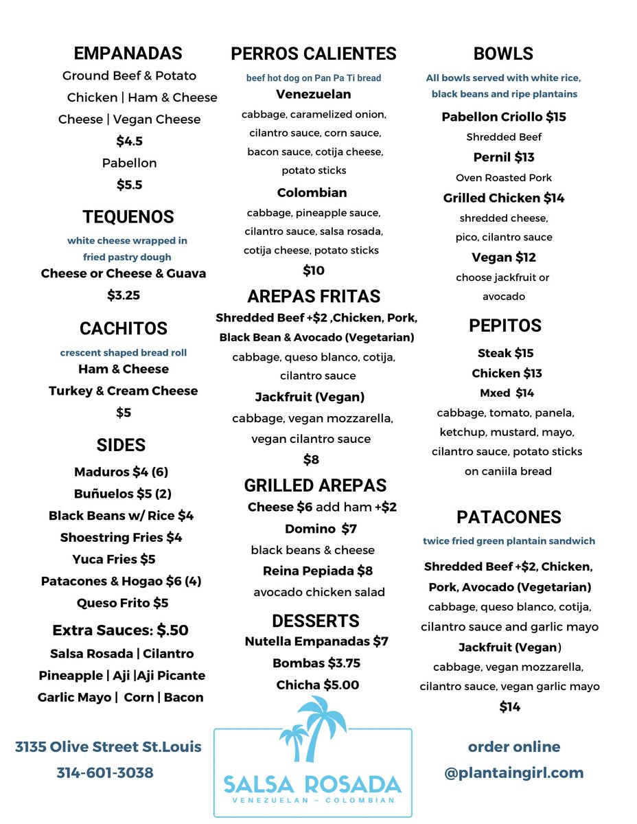 Our menu with many items you can’t find anywhere else in St. Louis. Order online plantaingirl.com