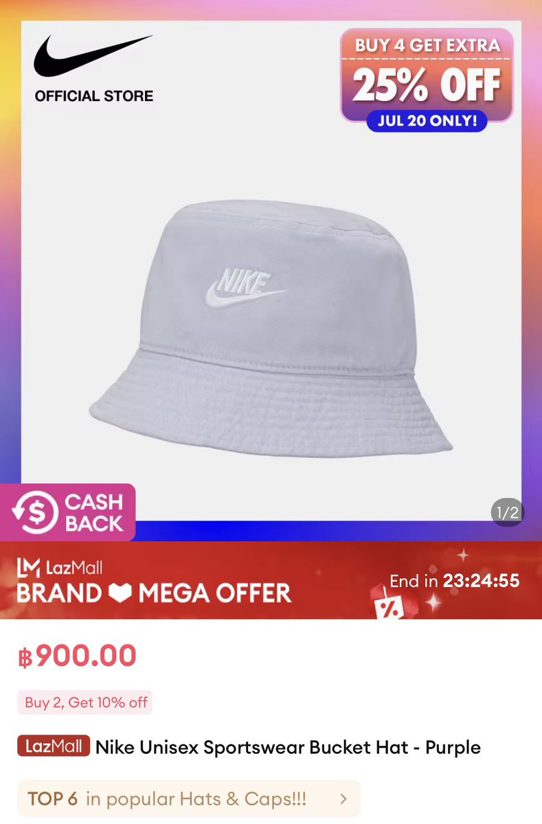 Ry9onoiu's tweet photo. Lazada x NIKE Super Brand Day!!! 🤩
20 July 2023!! ✨ TODAY ONLY!! 

Product Name:  Nike Unisex Sportswear Bucket Hat - Purple
Product Price:  ฿900
Discount Price:  ฿900
https://t.co/3L5VLaseb1

#LazadaxNike
#Nike 
#NikeThailand
#LazadaThailand 
#BucketHat https://t.co/zloYIENdSa