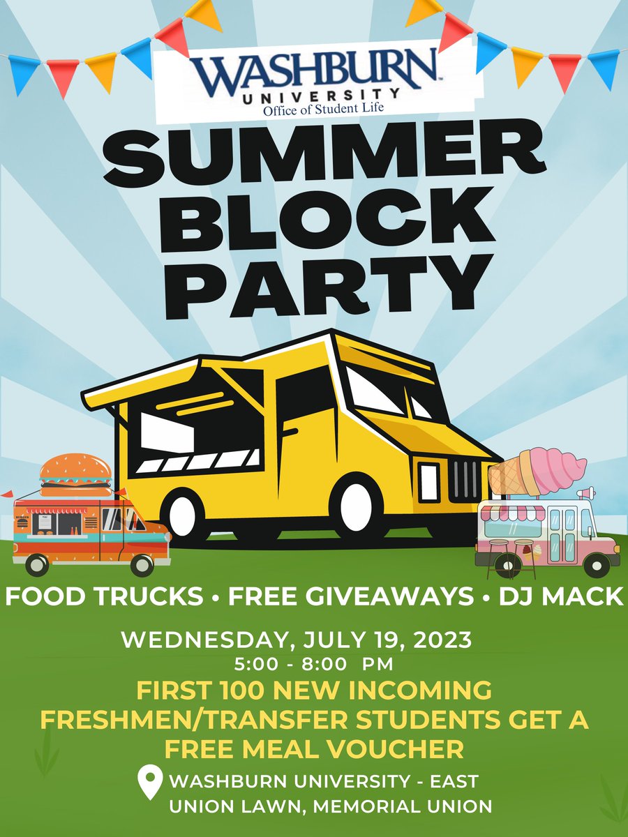 TODAY IS THE DAY!

Make sure you stop by starting at 5pm in the Memorial Union East Lawn - Boxer Q BBQ🍖, Poppin' Squeeze🍋, Lupita's Tacos🌮, The Saucy Wrap Shack🌯, and Poppin' Minis🍩 will be there! First 100 incoming freshmen/transfer students will get a meal voucher!